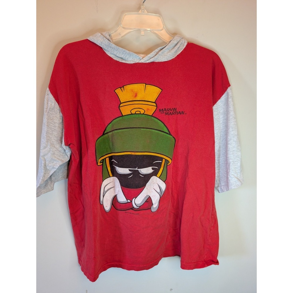 1993 Vintage Marvin the Martian Hooded Short Sleeve Hoodie Red/Gray L